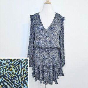Adrienne Womens Long Sleeve V‎ Neck Ruffle Print Mini Dress Size L Blue Tan
